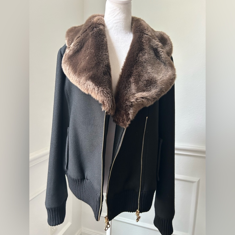 Kate Spade Black Bomber Jacket with Brown Faux Fur Collar, Size 14, NWOT - Picture 8 of 13
